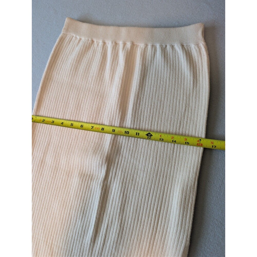 Cream Sweater Skirt Set Knit Two Piece Puff Sleeve Ribbed Midi Quiet Luxury - Picture 4 of 11